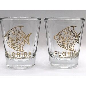 Set 2 Vintage FLORIDA Shot Glasses Gold  Fish 1991 Parades Collection USA State